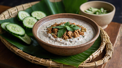 Bowl of Dip with Cucumber and Basil Garnish