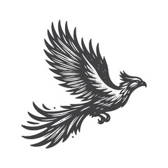 Obraz premium Vintage Hand-Drawn Phoenix Flying Side View Illustration – Mythical Engraved Style Vector for T-Shirts, Posters, Stickers, and Fantasy Apparel