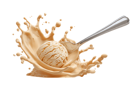 Creamy Vanilla Ice Cream Scoop with Liquid Splash, PNG