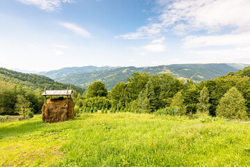 rural landscape in summer. haystack on the grassy field. sunny day. forest on the hill of...