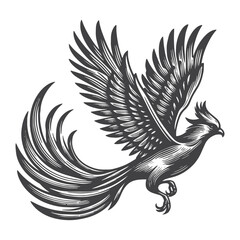 Fototapeta premium Vintage Hand-Drawn Phoenix Flying Side View Illustration – Mythical Engraved Style Vector for T-Shirts, Posters, Stickers, and Fantasy Apparel