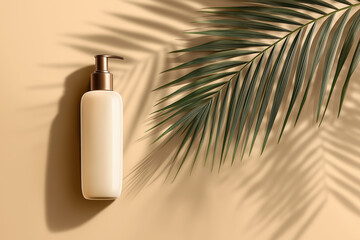 Bottle of cream on a sandy background with palm leaves casting shadows in soft light