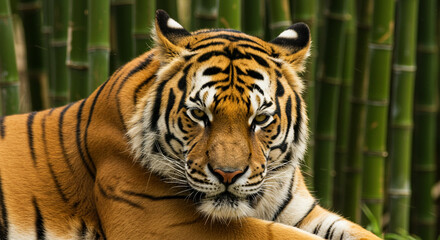 Majestic Bengal Tiger Portrait in Lush Green Bamboo Forest, a symbol of strength, beauty, and endangered wildlife conservation efforts