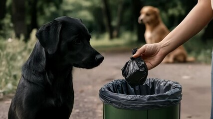 hand throwing little black plastic bag with dog excrements into trash can in summer park, cute dog sitting on the background - Powered by Adobe