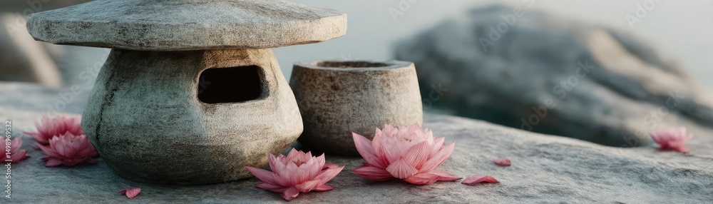 Poster tea pavilion with minimalism and rock by lantern concept. serene scene with a stone lantern and pink