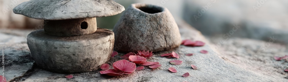 Poster tea pavilion with minimalism and rock by lantern concept. a serene stone lantern surrounded by vibra