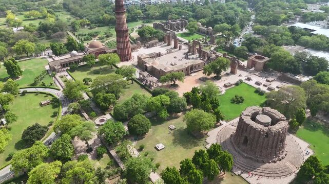 An Aerial Shot of Qutub Minar at Mehrauli, New Delhi, India
