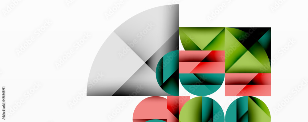 Poster abstract geometric shapes overlap, creating colorful composition. gradients suggest depth, light int