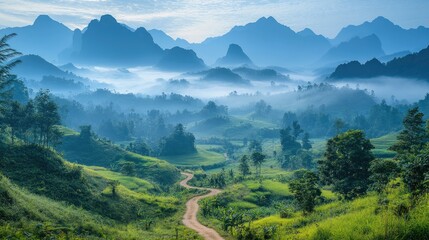 Fototapeta premium Misty mountain road winding through valley