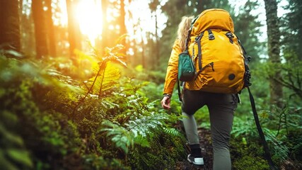 Adventurer treks a vibrant forest path, sunlight pouring through the foliage, creating a magical atmosphere filled with greenery and the sounds of nature. The journey feels serene and rewarding