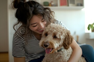 Young pet owner woman with her best friend dog playing and spending quality time together at home