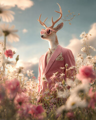 A deer in a rose-colored suit with glasses and a bow tie, embodying refined taste and sophisticated elegance