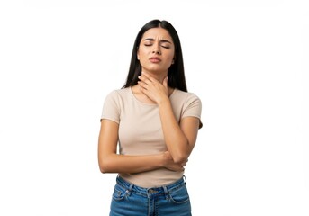 Young Woman with Sore Throat Touching Her Neck Feeling Unwell