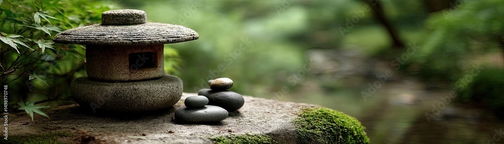 Poster tea pavilion with minimalism and rock by lantern concept. tranquil garden scene featuring a stone la
