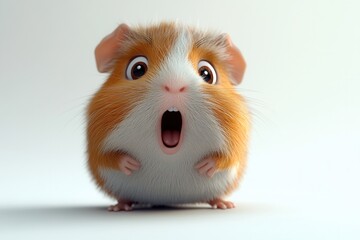 A cute, surprised guinea pig with orange and white fur, standing upright with wide eyes and an open mouth, displaying an expression of shock or excitement.