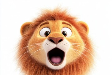 A cartoon lion character with vibrant orange mane and expressive features, showcasing a surprised expression against a plain white background