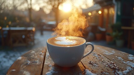Snowy cafe latte at sunset