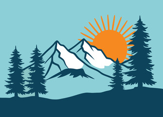 mountain silhouette with pine trees and a sun,minimal,vector