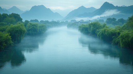 Naklejka premium Misty river, mountains, bamboo, tranquil Asian landscape