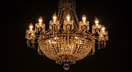 Elegant crystal chandelier with ornate details and warm lighting illuminating the dark room