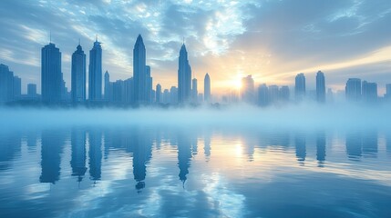 Misty sunrise cityscape reflection, lake, urban