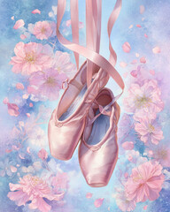 A pair of ballet slippers made of satin clouds, gracefully floating in a dreamlike, airy atmosphere