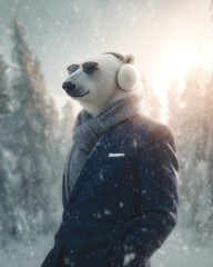 A polar bear in a luxurious navy suit with a woolen scarf, combining charm and elegance in a fashionable look