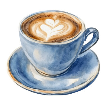 Watercolor coffee cup with heart latte art on transparent background