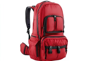 Fototapeta premium upright red travel backpack with compartments, white background