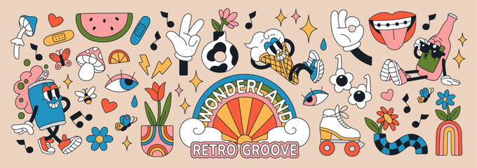 Retro stickers of 70s set. Funky hand gestures, flowers, rainbow, characters in groovy style. Doodle elements with summer vibe of 80s, funny hippie aesthetics. Flat isolated vector illustrations