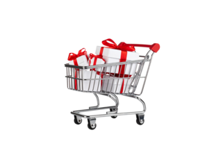 Red shopping cart with Christmas gift boxes for holiday commerce