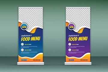 Delicious food menu roll-up banner design template for restaurant in purple and blue color bundle, modern and special fast food menu design pull-up banner for business promotion set