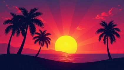 Fototapeta premium Dark silhouettes of palm trees against a vibrant sunset , vacation, black