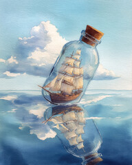 A ship in a bottle with sails made of clouds drifting gently, capturing a magical and otherworldly sailing journey