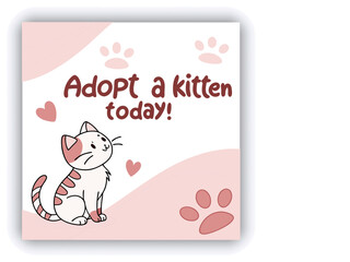 Adopt, don't shop! Creative square banner template. Naive illustration with young woman, who hugging her adopted dog with big heart on background. Flat style. Kawaii clip art with french bulldog.