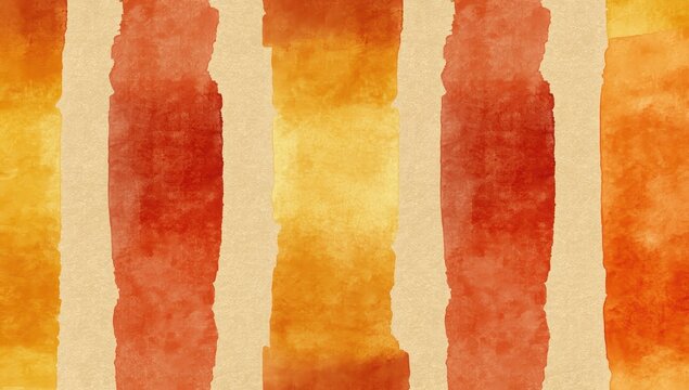 Vertical watercolor stripes in warm oranges, reds, and yellows on a beige background; slightly textured