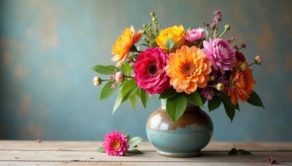 Obraz premium Vibrant bouquet of assorted flowers in a rustic vase , flower arrangement, mixed flowers