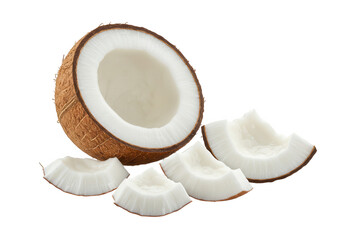 Half coconut with pieces isolated on transparent background