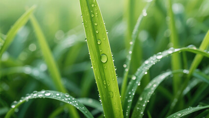 Naklejka premium Closeup of Dew Drops on Lush Green Blades of Grass in a Field