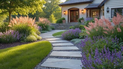 Obraz premium Pathway to Serenity: A charming stone pathway meanders through a lush, beautifully landscaped garden, leading to an inviting home bathed in warm sunlight, evoking a sense of peace and tranquility.