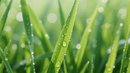 Naklejka premium Closeup of Dew Drops on a Single Blade of Vibrant Green Grass in a Lush Meadow