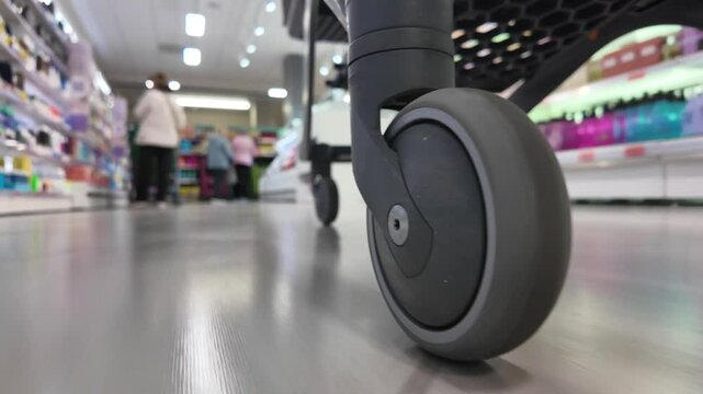 Shopping cart wheel spinning across smooth supermarket floor, highlighting retail movement and consumer experience with industrial clarity