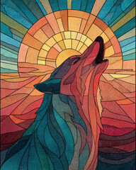 A wolf howling at a rising sun made of stained glass, embodying a mystical and colorful connection to nature