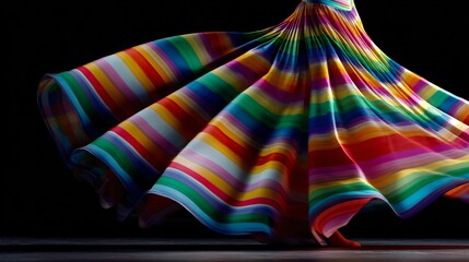 Rainbow-striped skirt twirling mid-spin, isolated background with clean motion blur