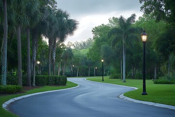 Obraz premium A dark curved asphalt road winds through green trees and palm trees with illuminated lamps