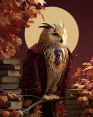 An owl in a burgundy academic robe and striped scarf, exuding knowledge and elegance in a scholarly appearance