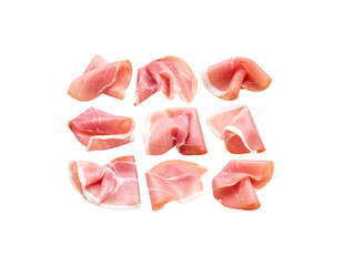 Fresh raw meat slices including ham, pork, and chicken breast, isolated for a healthy meal