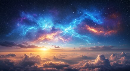 Fototapeta premium Ethereal nebula and clouds merging in a cosmic sky with vibrant colors and starlight, showcasing the beauty of outer space
