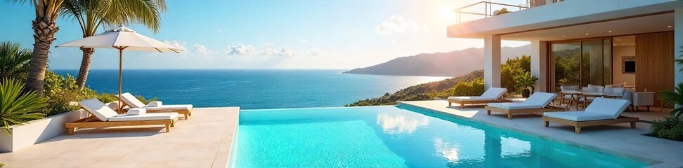 Fototapeta premium Luxury villa with private pool, sun loungers, and breathtaking ocean views Perfect for a relaxing getaway Enjoy outdoor living at its finest , luxury, tropical
