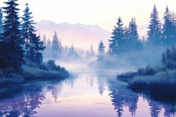 Obraz premium tranquil river in alpine forest at sunrise isolate on white background